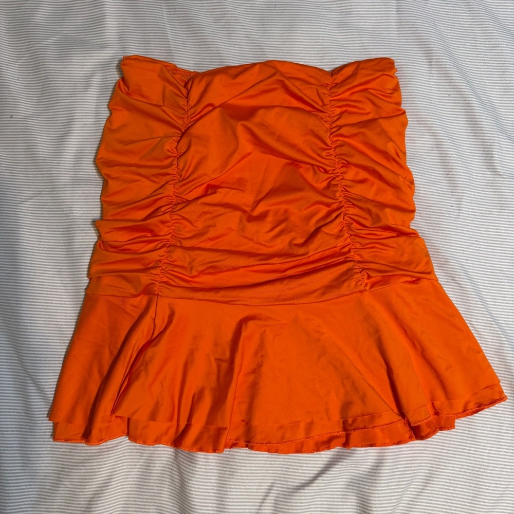 Neon Orange Ruched Ruffle Mini Skirt Y2K Bodycon Stretch